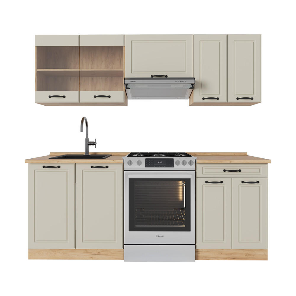 KÜCHENZEILE R-Line, Sand Landhaus/Goldkraft Eiche, 200 cm Arbeitsplatte Goldkraft Eiche - Honigeiche/Beige, Holzwerkstoff (200/81.6/60cm) - Vicco