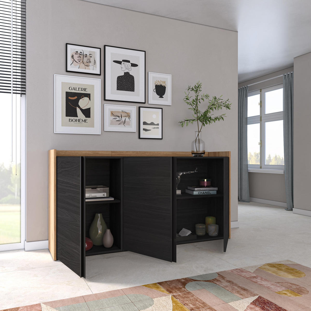 SIDEBOARD, 3 Türen, Schwarz und Eiche, 156/35/80cm - Schwarz, Holzwerkstoff (156/80/35cm) - Skraut Home