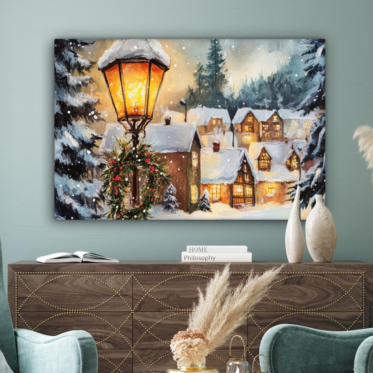 LEINWANDBILD Weihnachtsdorf - Häuser - Schnee - Weihnachten Wohnzimmer 120x80 cm - Sandfarben, Textil (120/80cm) - MuchoWow