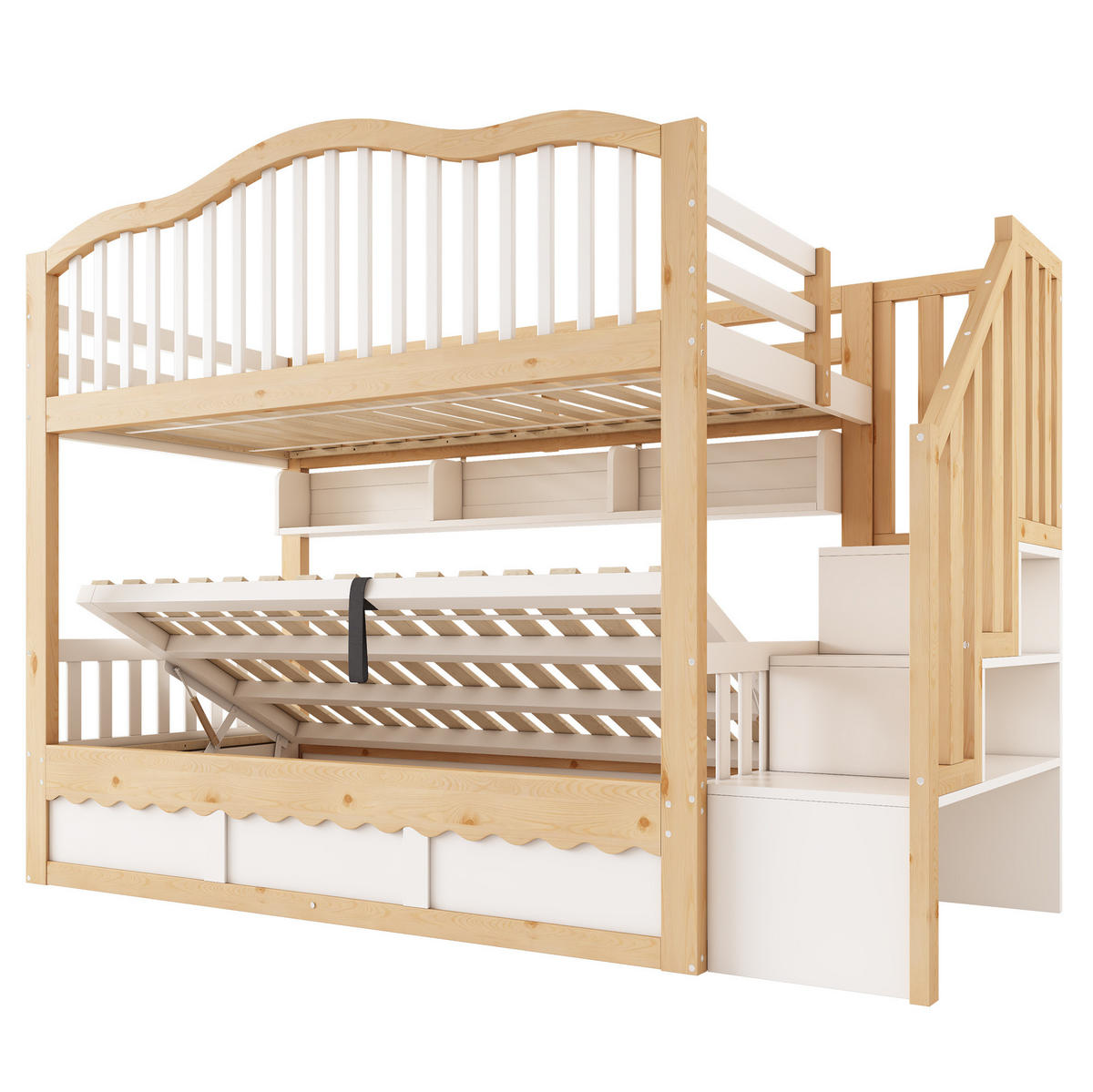 ETAGENBETT 90x200 cm in Weiß und Eiche mit Hydraulik-Stauraum und Regalen - Eichefarben, Holz (90/200cm) - IVMEU