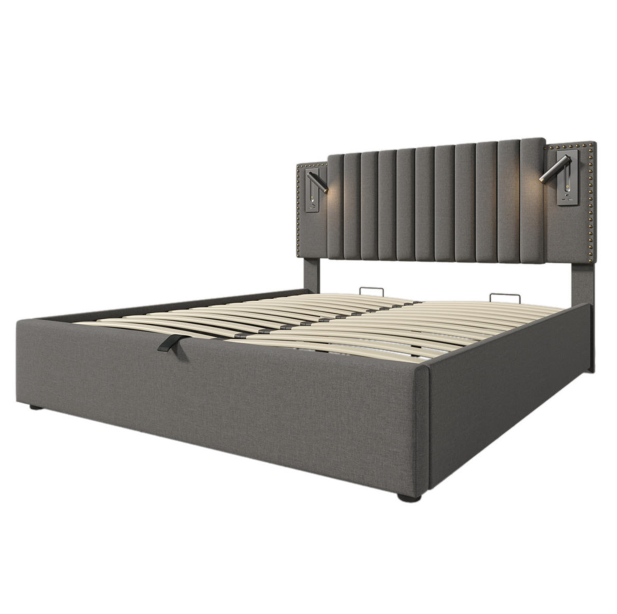 ČALÚNENÁ posteľ 140/200 cm z bavlny, sivá, s úložným priestorom, čítacím svetlom a USB - sivá, textil (140/200cm) - BEAOK