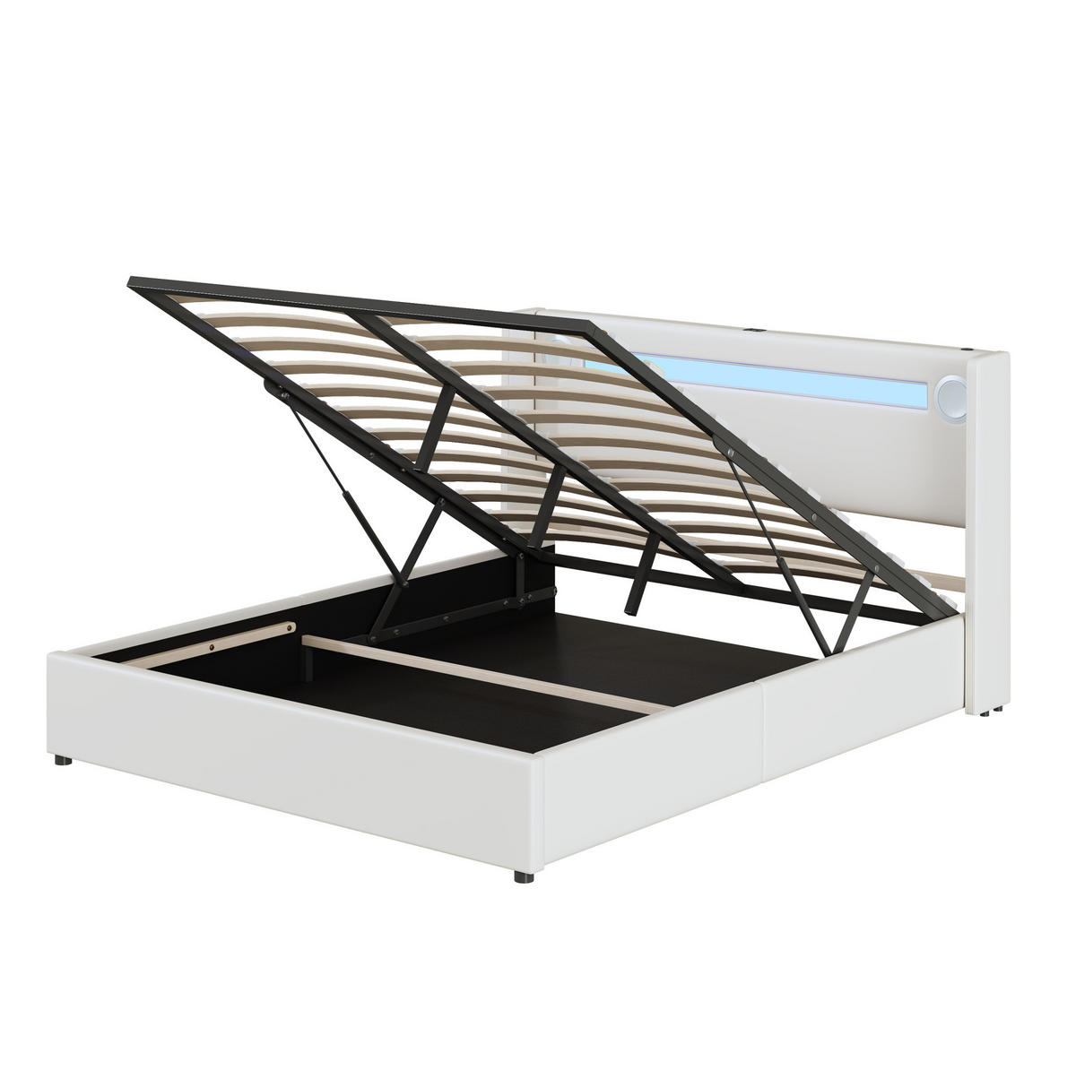 POLSTERBETT 160/200 cm mit LED-Lichtleiste, Bluetooth-Lautsprecher, USB-Anschlüssen und hydraulischem Stauraum, Weiß - Weiß, Kunststoff (160/200cm) - Redom
