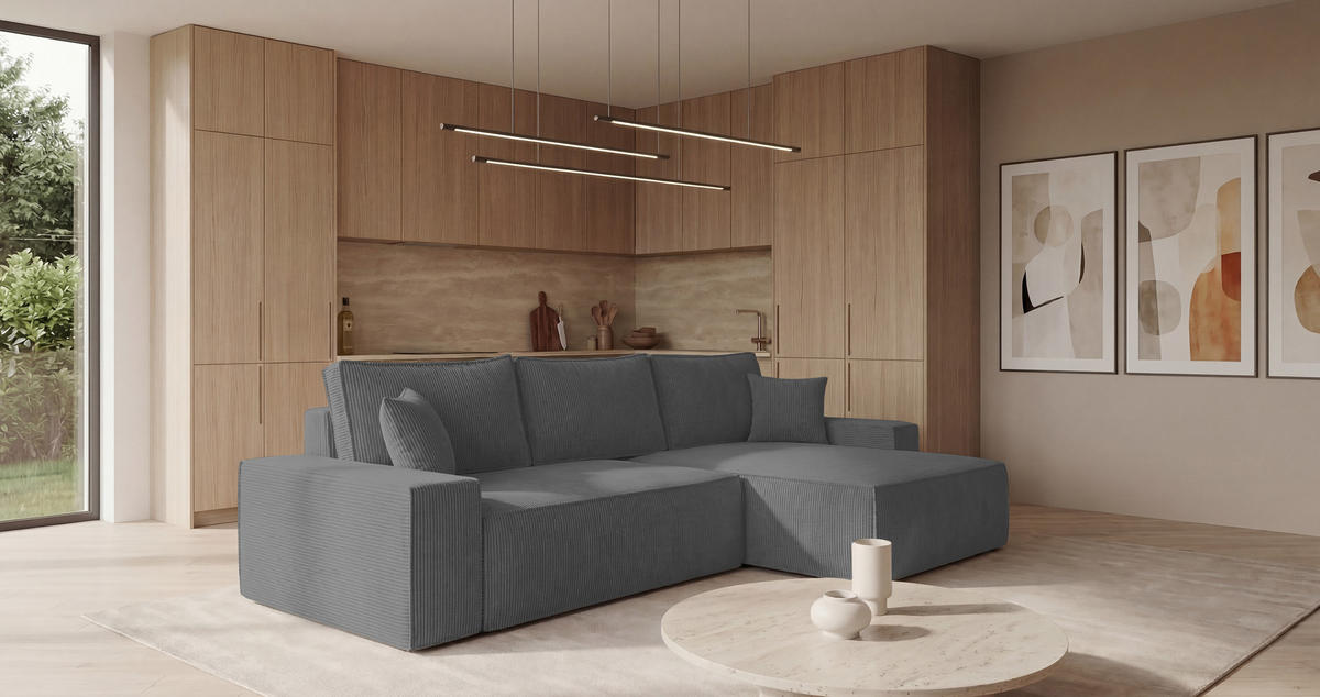 ECKSOFA California mit Schlaffunktion Hellgrau Rechts - Grau, Textil (280/184cm) - Cornero
