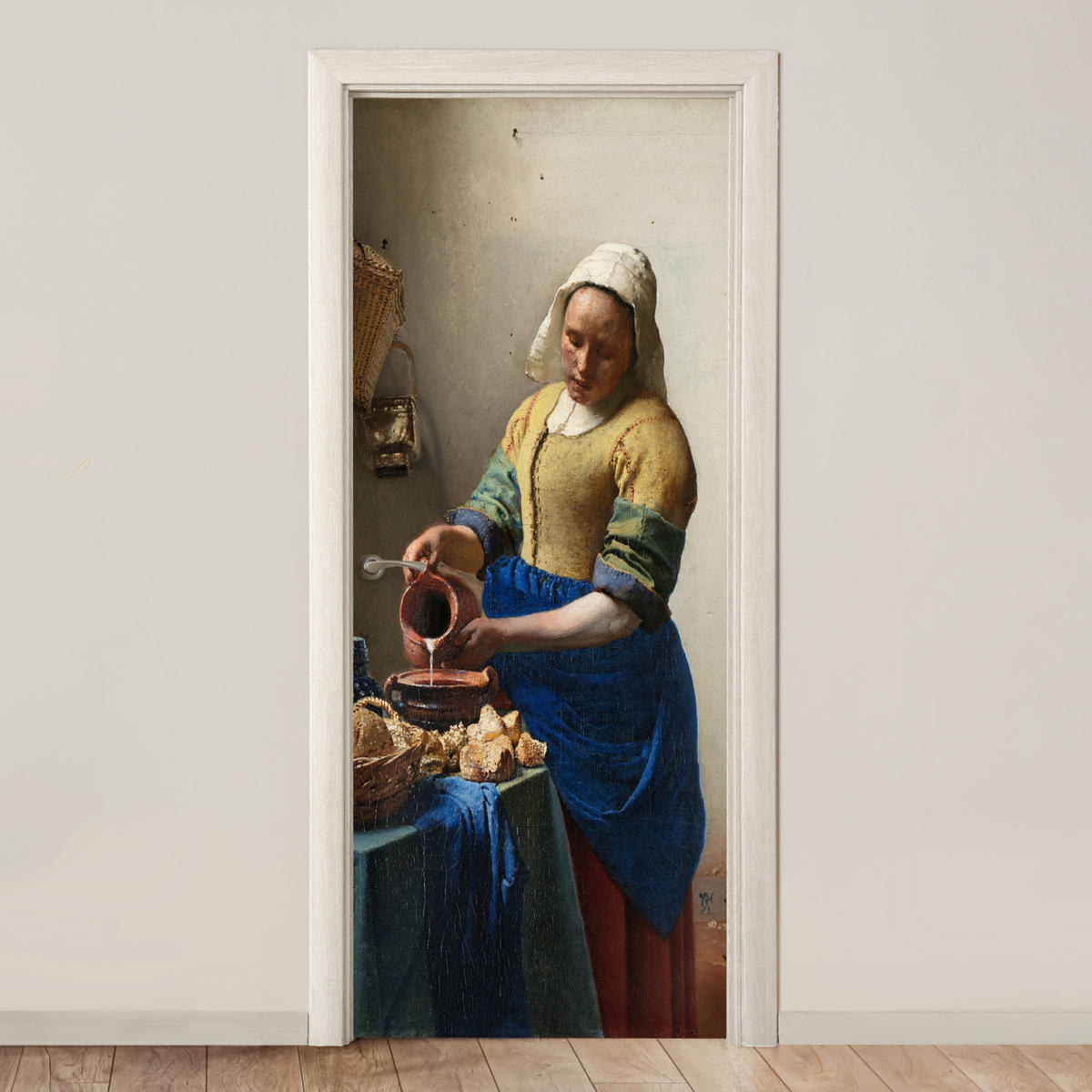 NALEPKA ZA VRATA Dekle z mlekom 90x205 cm - temno modra, umetna masa (90/0.1cm) - MuchoWow