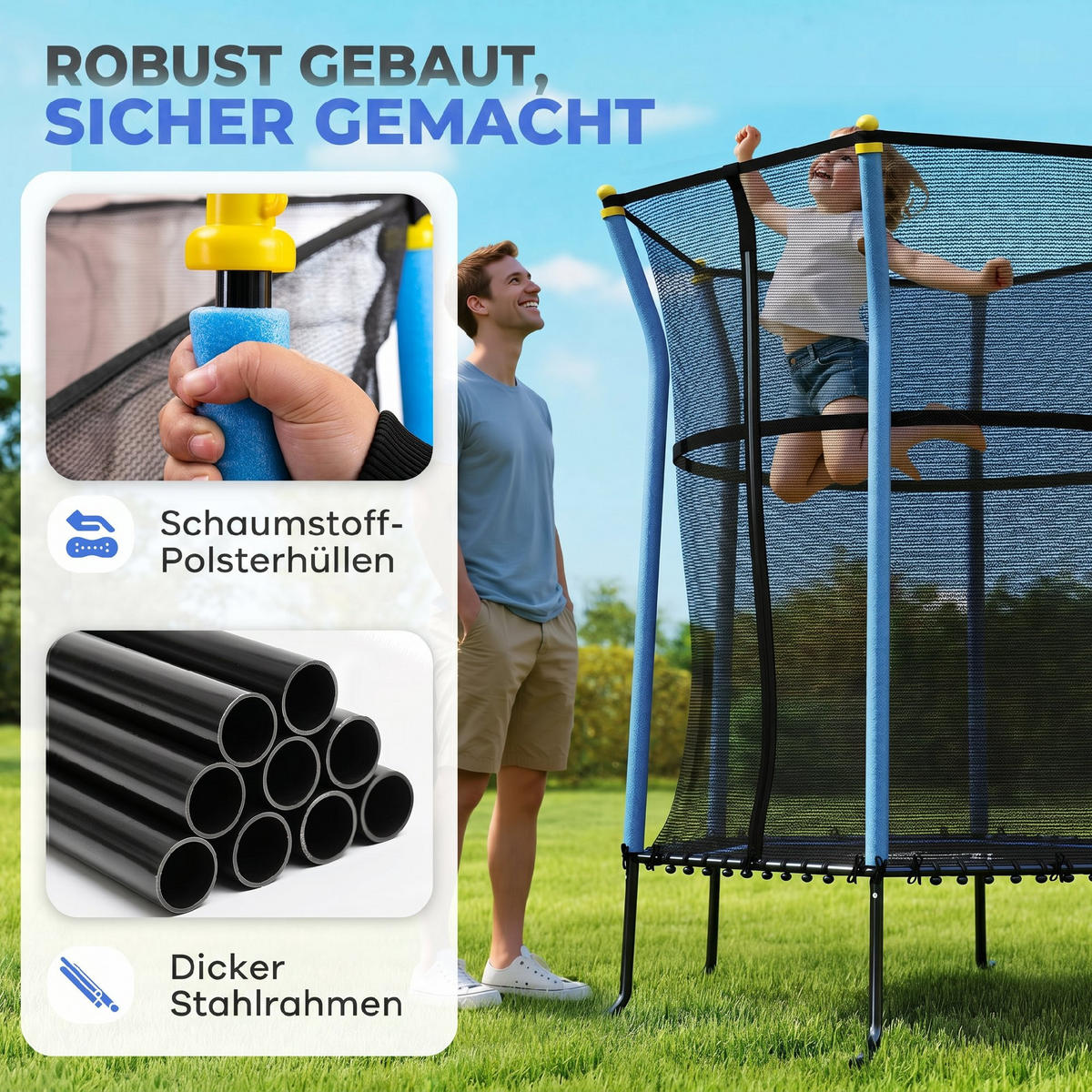 TRAMPOLIN DE-10779 mit Sicherheitsnetz Ø163,5 cm Schwarz & Blau - Blau, Metall (163.5/163.5cm) - ComfortXL