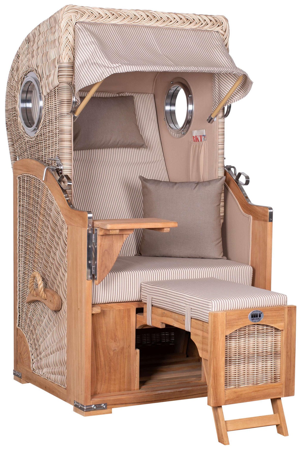 STRANDKORB Düne 1 Sitzer Teak PE Shell - Beige/Braun, Holz/Textil (96/165/80cm) - Mr. Deko