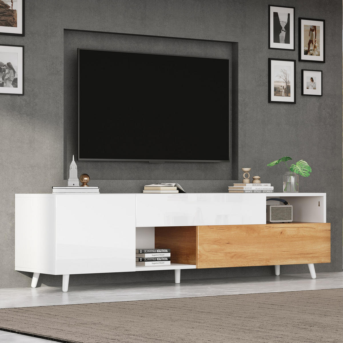 TV-SCHRANK 180x38cm Lowboard Hochglanz 1 Schublade 7 Fächer bis 75 Zoll - Weiß, Holz (52.98/22.99/56.01cm) - FLIEKS
