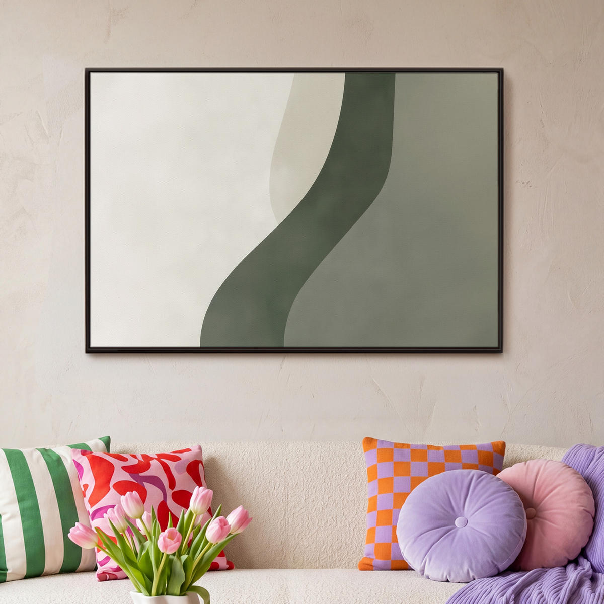 LEINWAND Bilder mit Rahmen - Japandi - Grün - Abstrakt - Modern - 90x60 - Salbeigrün, Textil (90/60cm) - MuchoWow