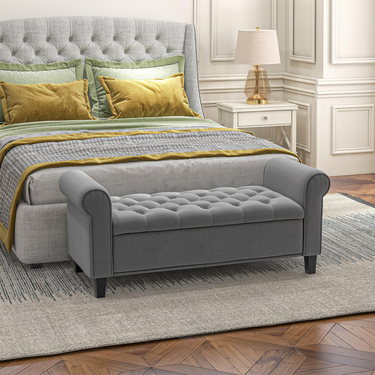 BETTBANK mit Stauraum für Schlafzimmer, bis 120 kg Belastbar, Grau - Grau, Kunststoff (48.5/57/126cm) - HOMCOM