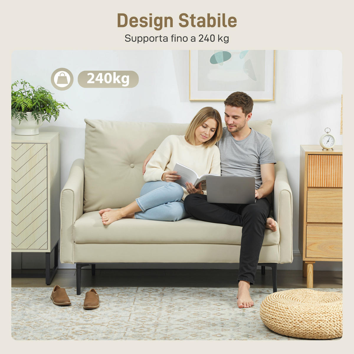 SOFA, 2-Sitzer, knopfgesteppt, Samtbezug, creme, 124x73x92cm - Multicolor, Holzwerkstoff (124/92/73cm) - FORIOUS