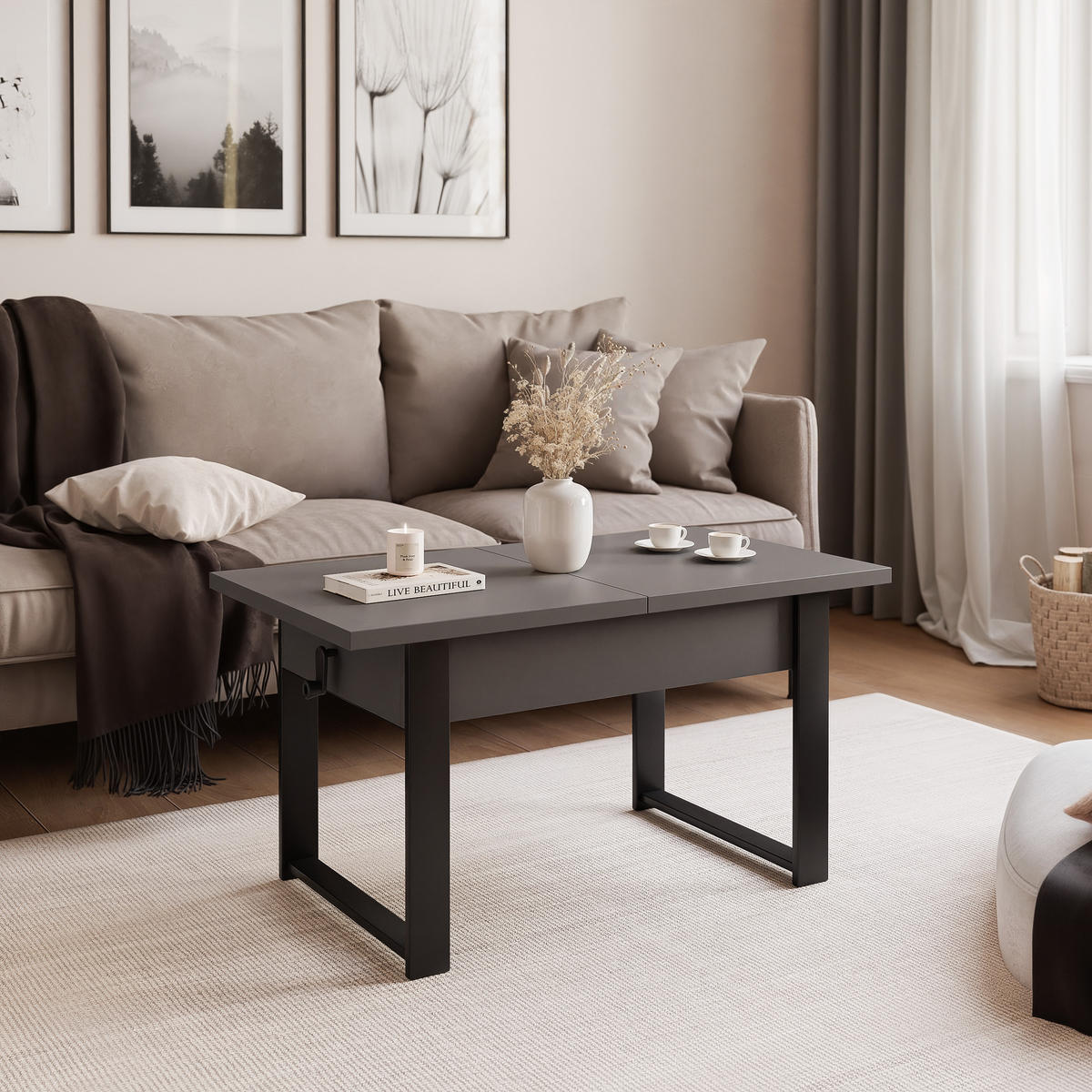 COUCHTISCH TIVOR Multifunktionalität 3-in-1 - Dunkelgrau/Schwarz, Holzwerkstoff/Metall (67/120/63.5cm) - Idohome