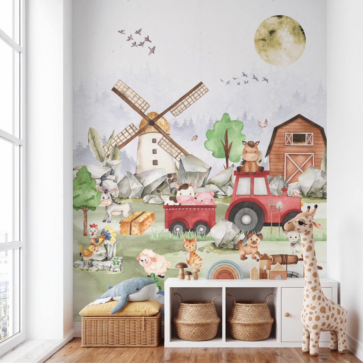 KINDERTAPETE - Bauernhof - Traktor - Kinder - Tiere - 200x280 cm - Weiß, Papier (200/280cm) - OnlyWow