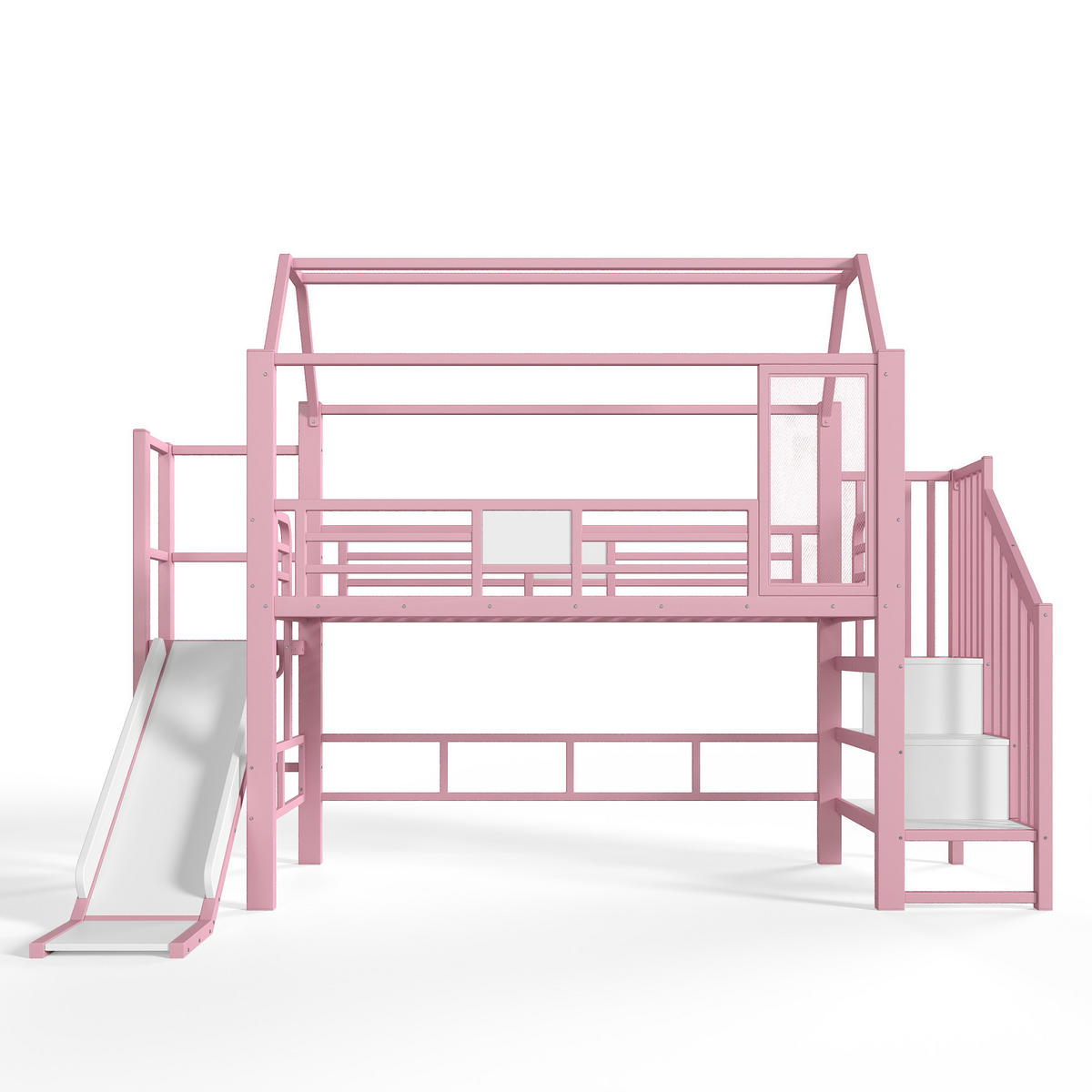 KINDERHOCHBETT MDF & Metall 90x200 cm Pink mit Rutsche, Treppe und LED-Beleuchtung im Hausdesign - Pink, Holzwerkstoff (90/200cm) - Modfu