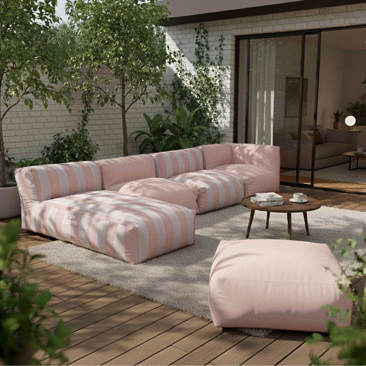 GARTENSOFA mit 5 Sitzplätzen, Puderrosa - Pink, Textil (85/65/160cm) - Oviala