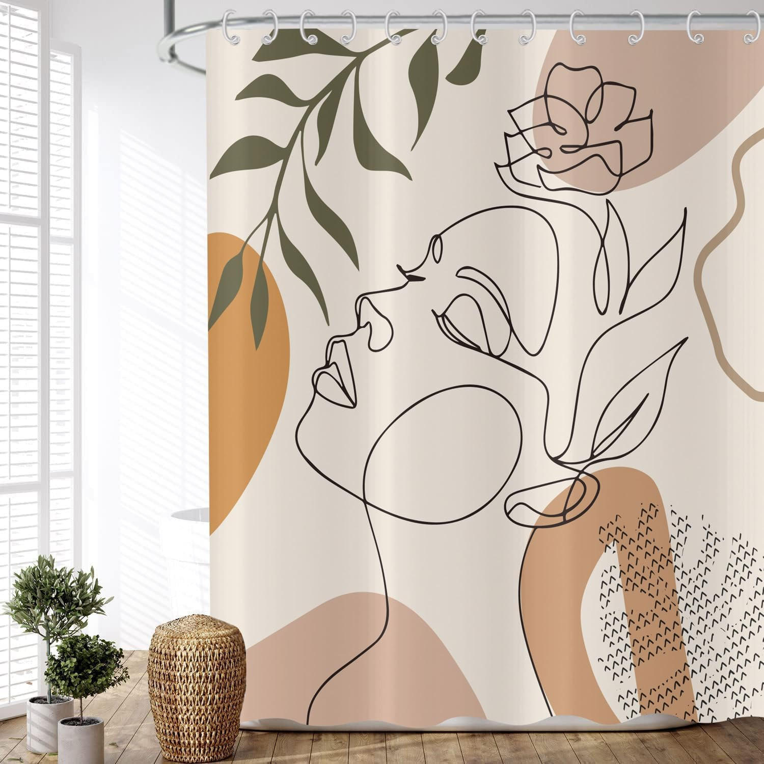 DUSCHVORHANG Boho abstrakt Kunst Blumen Blätter Grün waschbar mit Haken - Pink, Textil (180/180cm) - MCBOSON