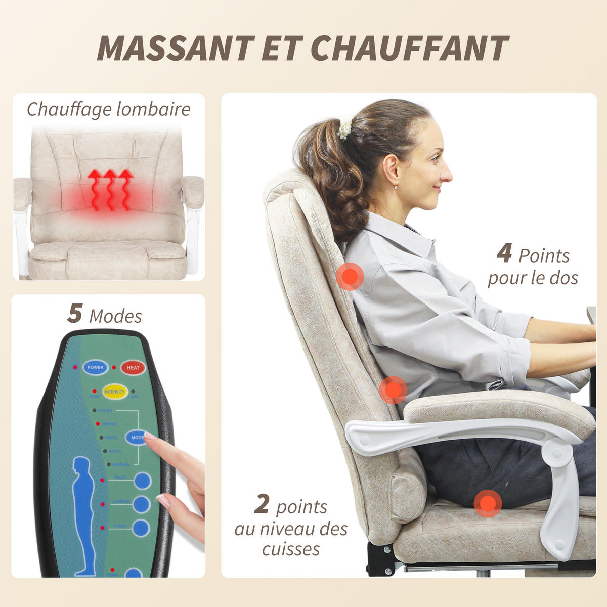 CHEFSESSEL DE-11783 MIT MASSAGE- & HEIZFUNKTION Creme - Creme, Metall (65/119/70cm) - ComfortXL