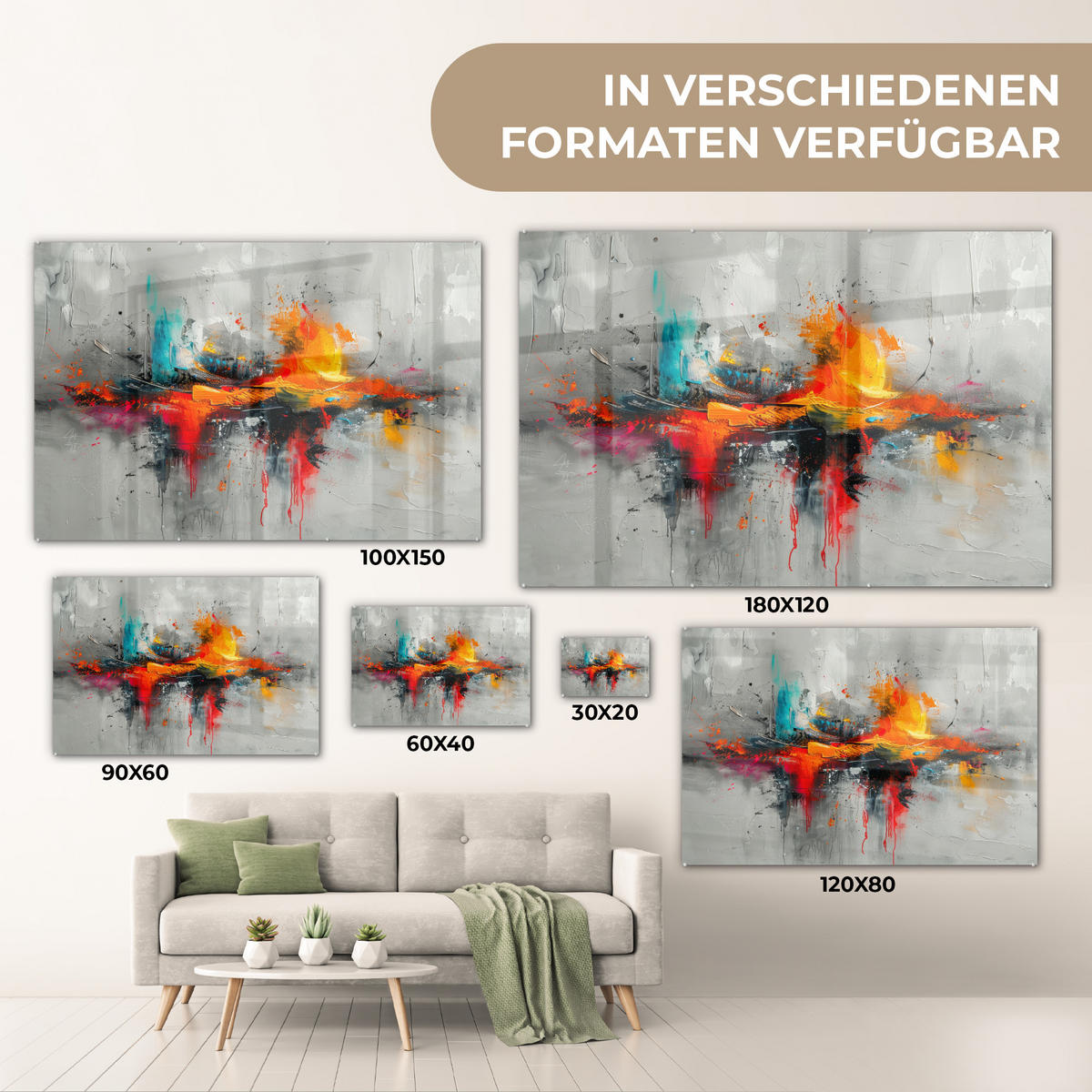 ACRYLGLASBILD Moderne Kunst - Orange - Grau - Abstrakt 120x80 cm - Hellgrau, Glas (120/80cm) - MuchoWow