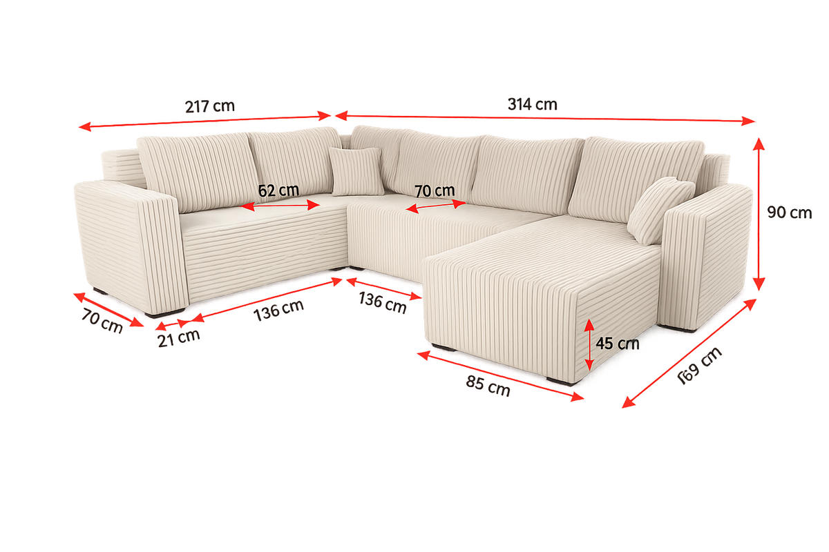 WOHNLANDSCHAFT Stylo U-Form mit Schlaffunktion & Bettkasten – Ecksofa in Cord Tilia – Breite 315 cm Blau - Blau, Kunststoff (314/90/215cm) - Wohnideebilder