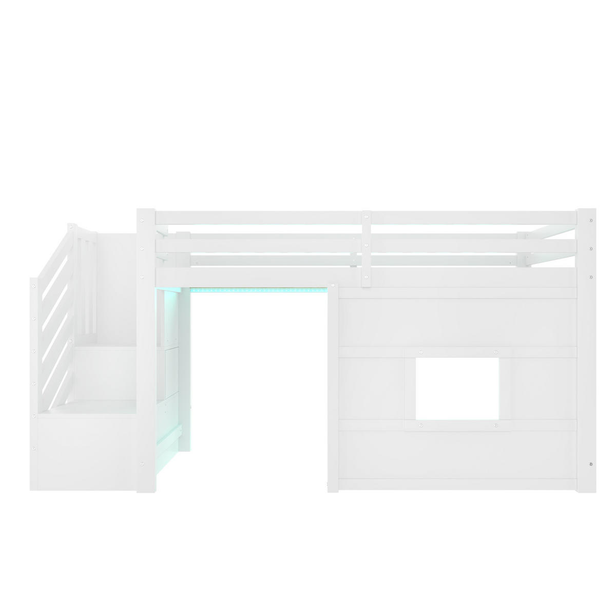 HOCHBETT 90/200 cm, Weiß mit Stauraumtreppe, Fenster und LED - Weiß, Holz (90/200cm) - MIVRAY