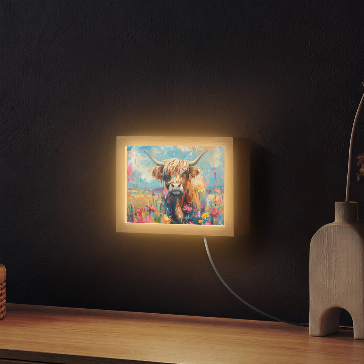 NÁSTĚNNÁ LAMPA Skotský horal - Příroda - Barevné - Květiny 20x15 cm - různobarevná, kompozitní dřevo (20/15/8cm) - OnlyWow