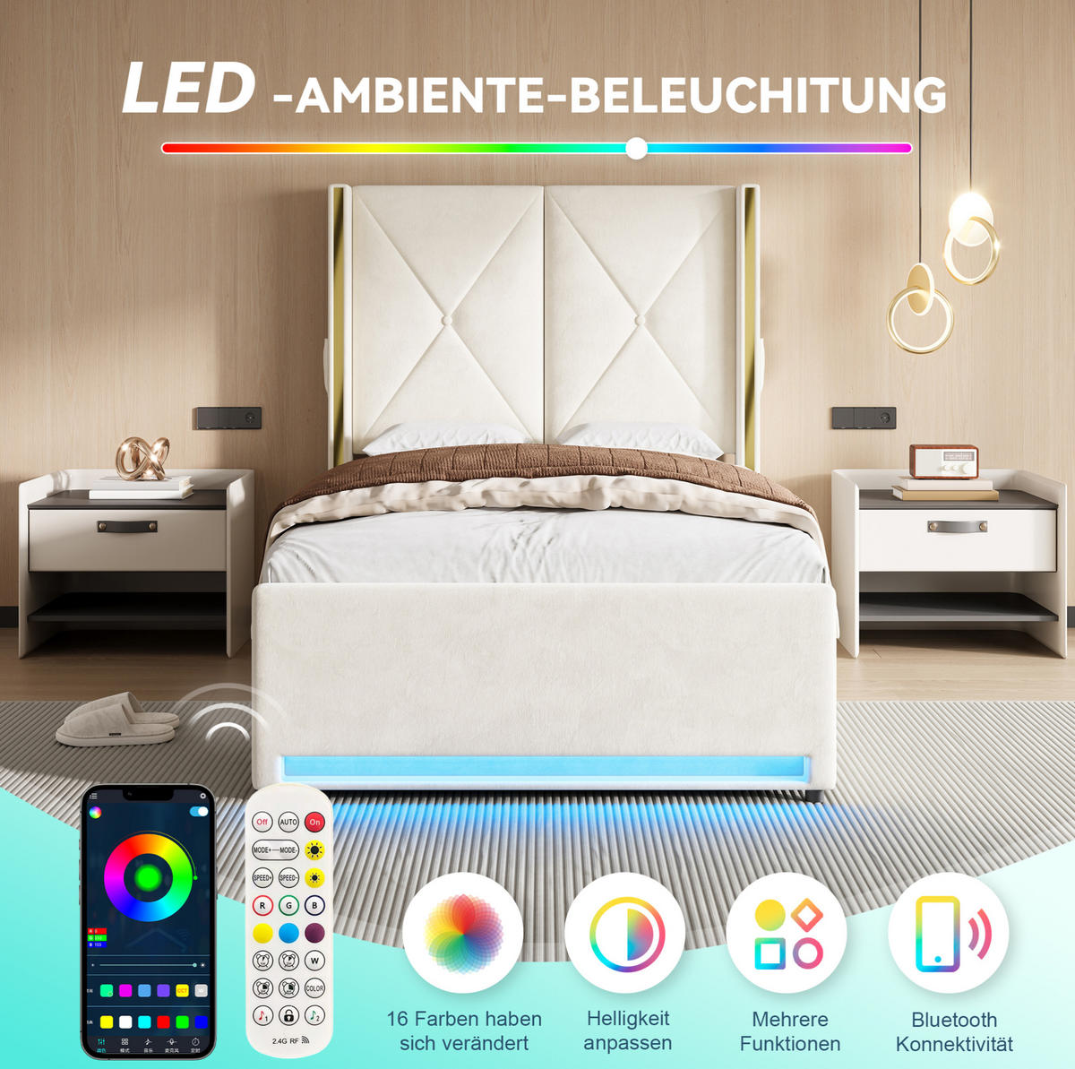 POLSTERBETT 90/200 cm mit USB, Type-C, LED und hydraulischem Bettkasten, Samt mit Seitentaschen, Beige - Beige, Textil (90/200cm) - Redom
