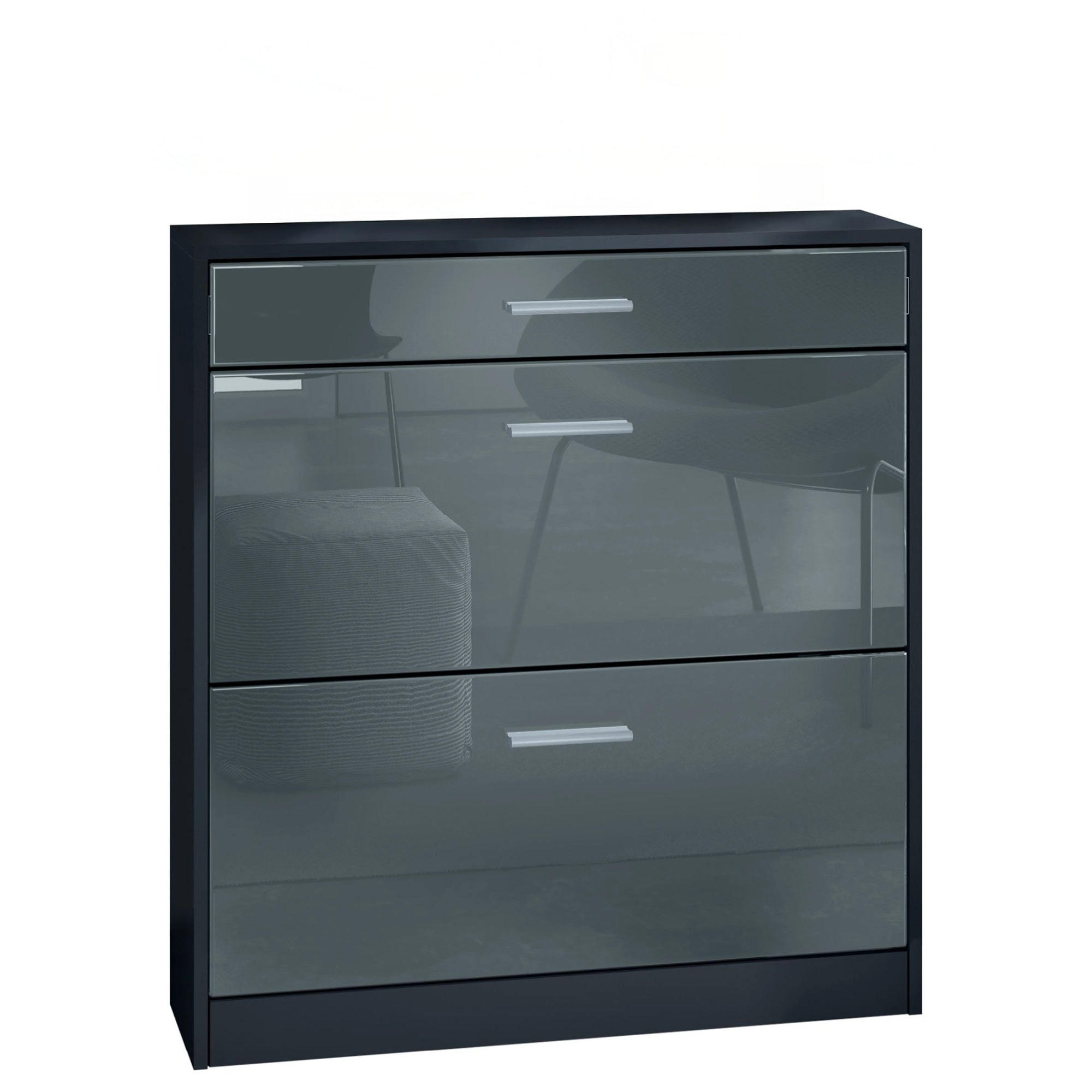 SCHUHSCHRANK Roma Schmal mit 2 Klappen und 1 Schublade, Platzsparender Schuhkipper, Schwarz/Grau Hochglanz (89 x 95,5 x 23 cm) - Grau, Holzwerkstoff (89/95.5/23cm) - InnoFurn