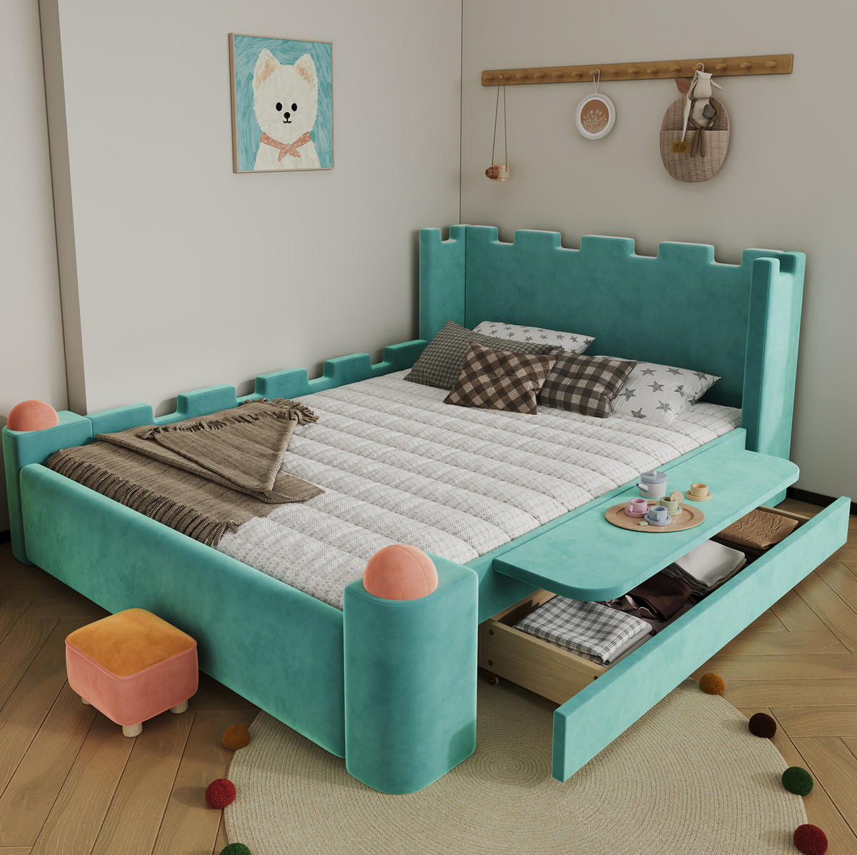 POLSTERBETT Burg-Design 140/200 cm Blaugrün mit Stauraum-Schublade ohne Matratze - Petrol, Textil (140/200cm) - MIVRAY