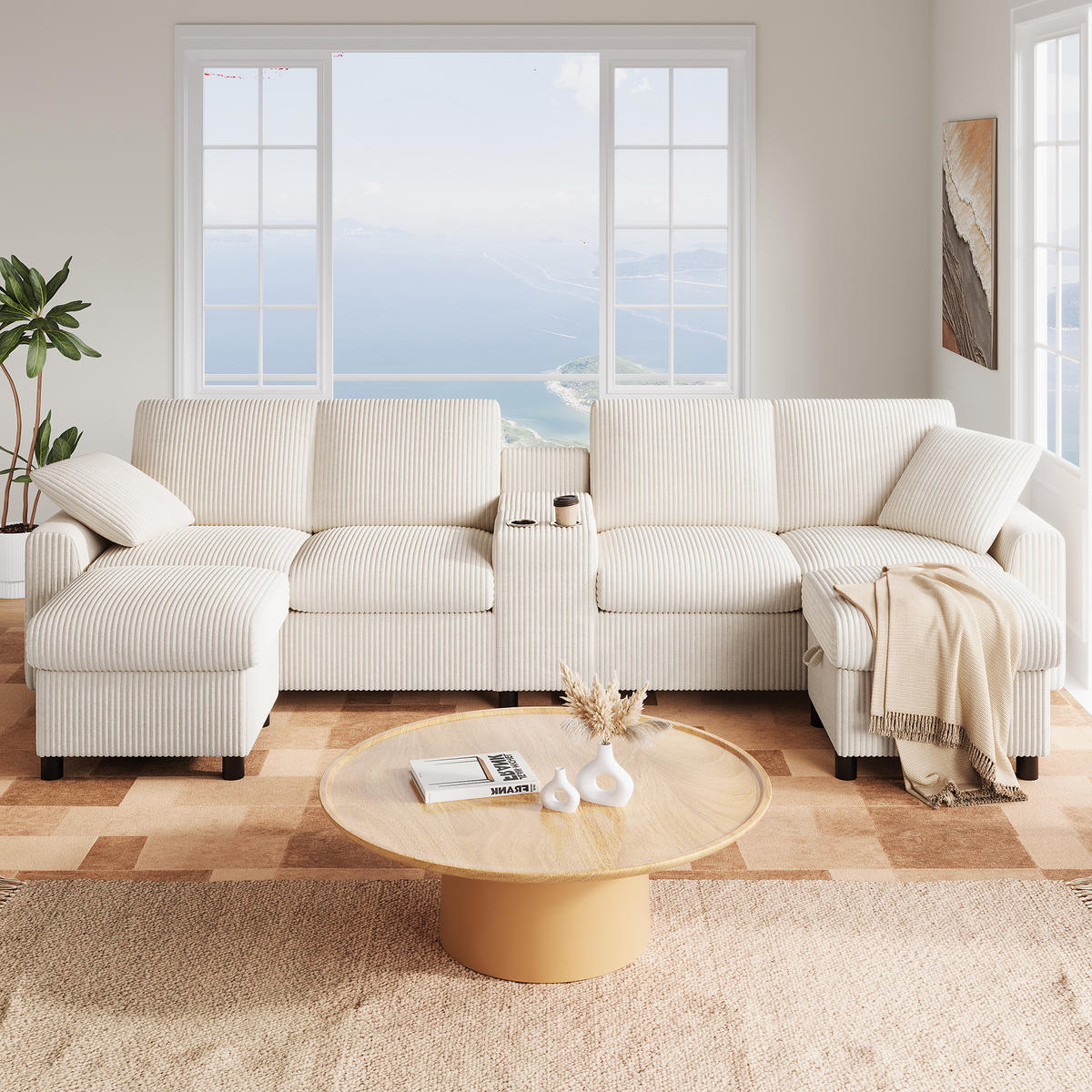 WOHNLANDSCHAFT Corduroy Beige mit 2 Hockern und Tisch mit USB und Type-C-Anschlüssen 315/81/135 cm - Beige, Textil (315/81/135cm) - OKWISH