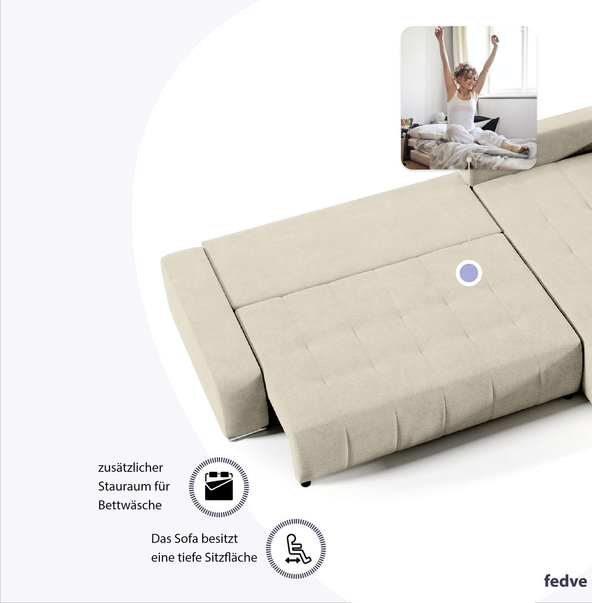 ECKSOFA mit Schlaffunktion Dhaka L, Vanille - Beige, Textil (185/265cm) - Fedve