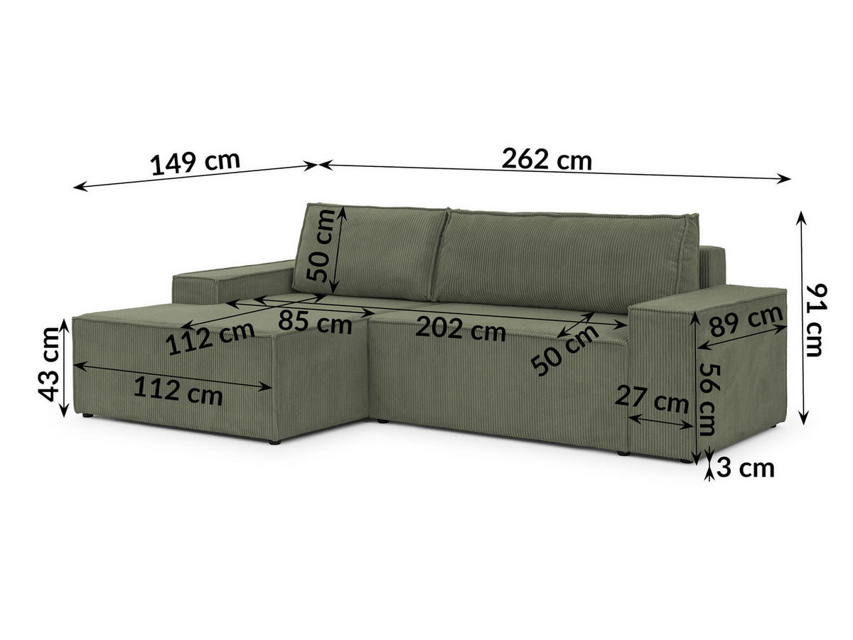 ECKSOFA Rivio mit Schlaffunktion und Bettkasten, Cordstoff Grün - Schwarz/Grün, Holz/Kunststoff (149/262cm) - S-Style