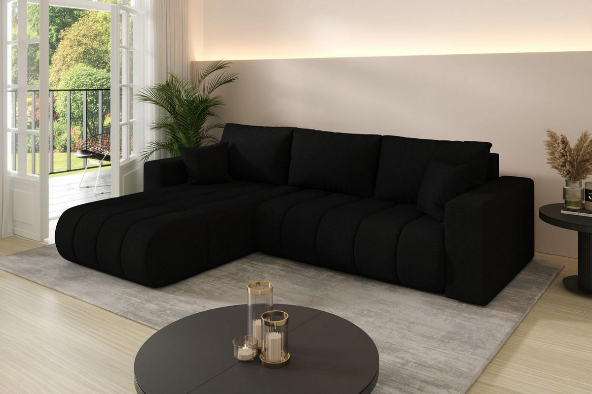 ECKSOFA mit schlaffunktion und bettkasten MILO PREMIUM, stoff WIND, Schwarz, Links - Schwarz, Holz (280/190cm) - Kaiser Möbel