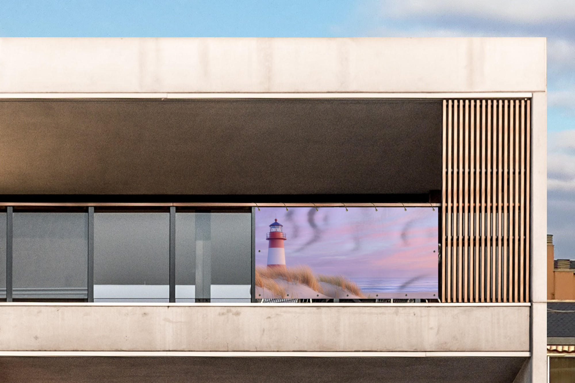 BALKON-SICHTSCHUTZ Leuchtturm - Dünen - Sonnenuntergang 200x110 cm - Hellrosa, Kunststoff (200/110cm) - MuchoWow