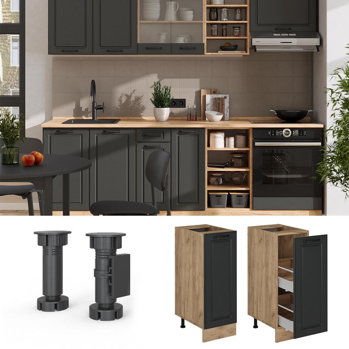 APOTHEKERSCHRANK R-Line Anthrazit Landhaus 30 cm ohne Arbeitsplatte - Honigeiche/Anthrazit, Holzwerkstoff (30/81.6/46cm) - Vicco
