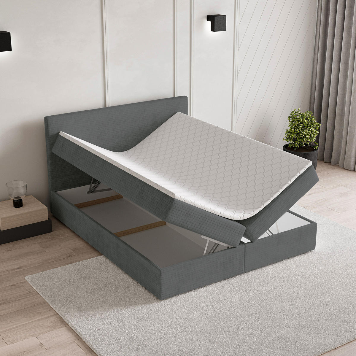 BOXBETT NIRA 160x200 cm mit Matratze und Topper - Grau - Grau, Holz (160/200cm) - MASSENO