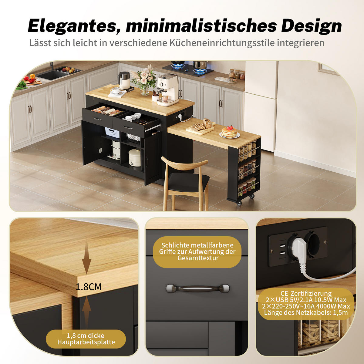 KÜCHENINSEL 142/55/93 cm schwarz aus MDF mit Ausziehplatten - Schwarz, Holzwerkstoff (142/93/55cm) - OKWISH