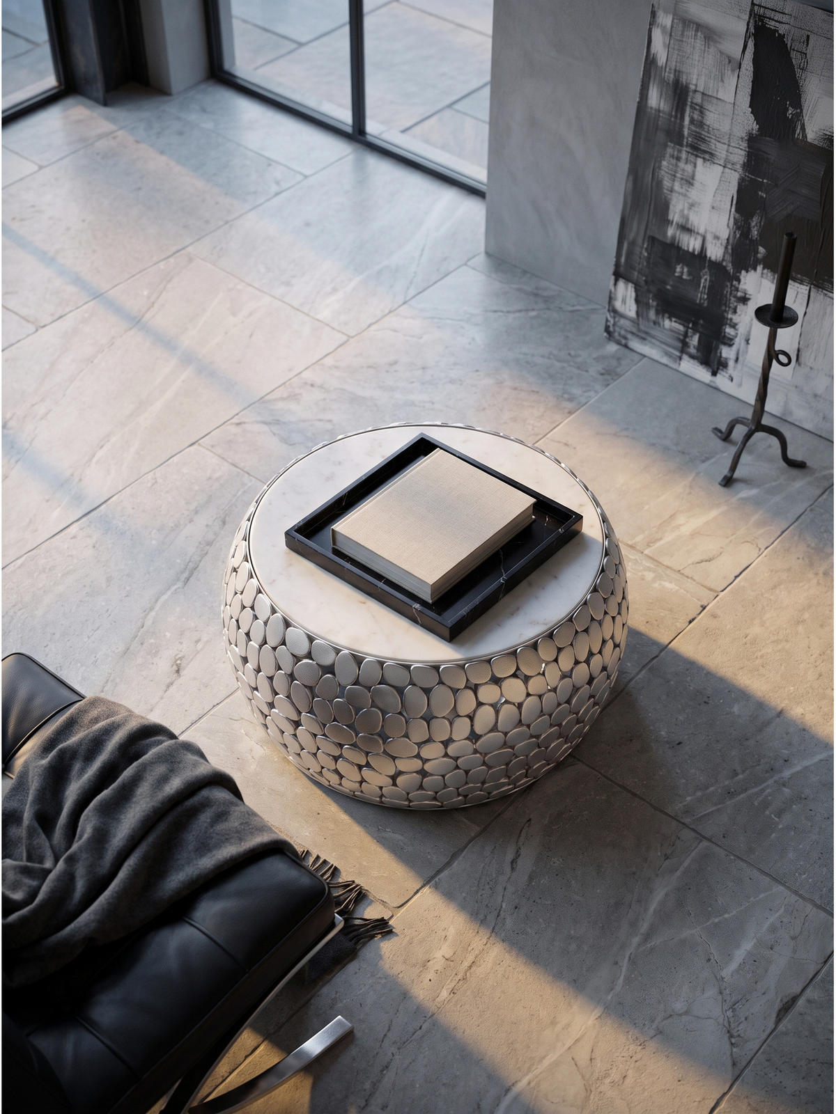 COUCHTISCH DIEMEL, Marmor, handgefertigt, Silber-Weiß, Ø 66 x 32 cm - Silberfarben, Stein/Metall (66/66/32cm) - KADIMA DESIGN