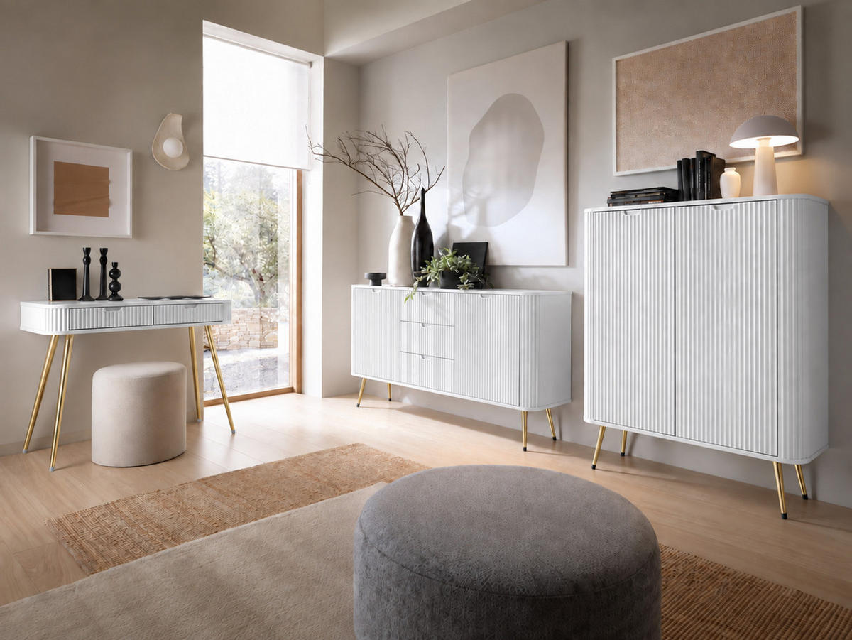 KOMMODE PORTO (Oval, Rillenfront, Weiß Matt, Goldene Füße) - Goldfarben/Weiß, Holz/Holzwerkstoff (168/87/39cm) - Ravio