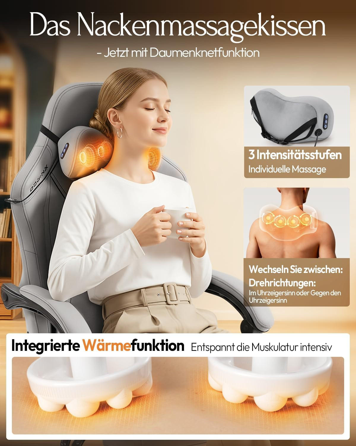 GAMING Stuhl mit Massagefunktion & Lendenwirbelstütze & Nackenstütze - Grau, Leder (56/123/70cm)