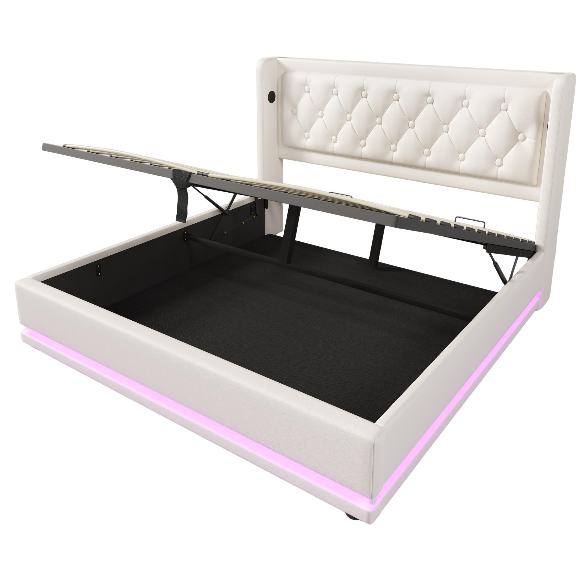 POLSTERBETT 160/200 cm in Weiß mit USB-Typ-C-Ladeanschluss und dreiseitiger LED-Beleuchtung - Weiß, Leder (160/200cm) - Oxeza