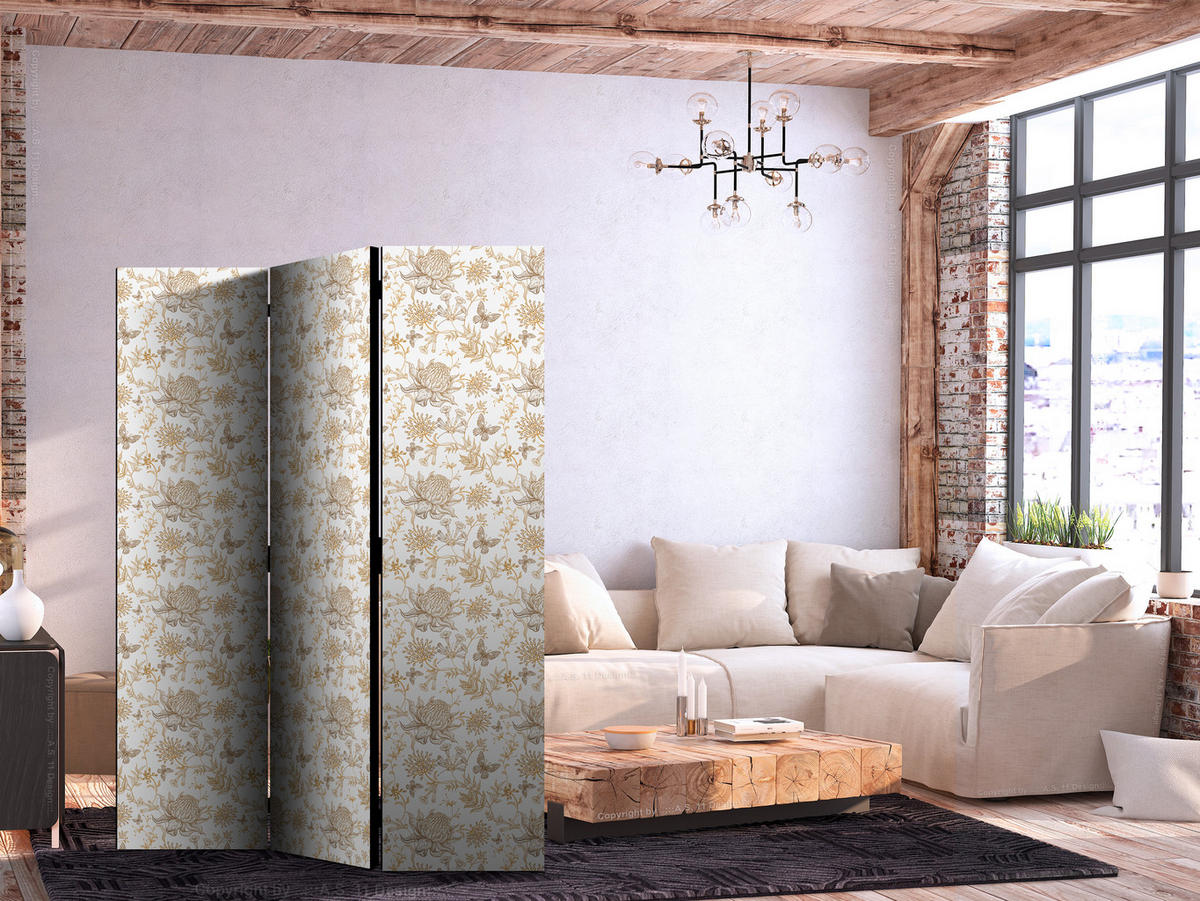 PARAVENT Akustik 3-tlg 135x172 cm Chrysanthemen und Schmetterlinge - Beige, Holz/Textil (135/172/3cm) - Muralo