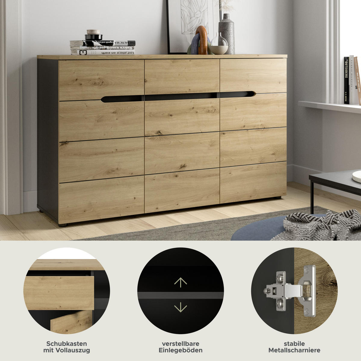 KOMMODE Canu Artisan 130/41/81 cm - Grau, Holzwerkstoff (130/81/41cm) - Xonox