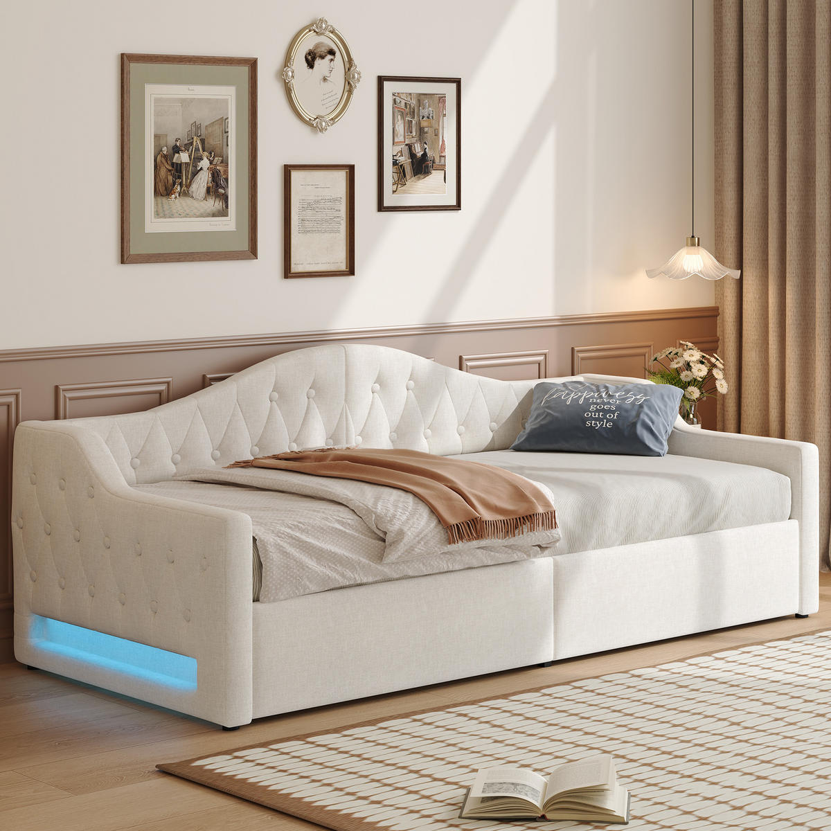 POLSTERBETT 90/200 cm Beige mit LED-Beleuchtung und Stauraum aus Leinen - Beige, Holzwerkstoff (90/200cm) - OKWISH