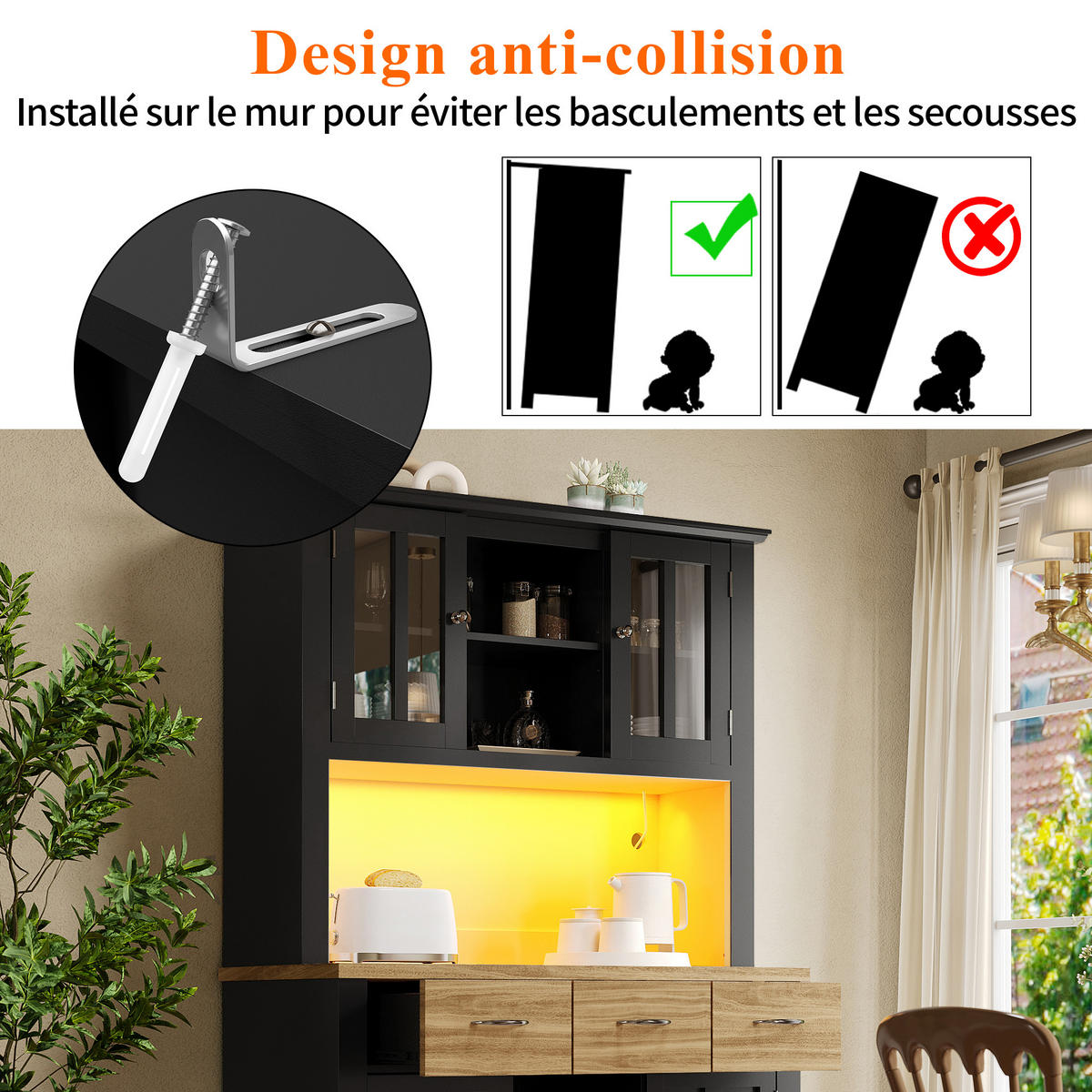 KÜCHENBUFFET mit LED-Beleuchtung, Glaselementen und verstellbaren Einlegeböden, 106 x 40 x 179,5 cm, Schwarz, MDF - Schwarz, Holzwerkstoff (106/179.5/40cm) - SONNENH
