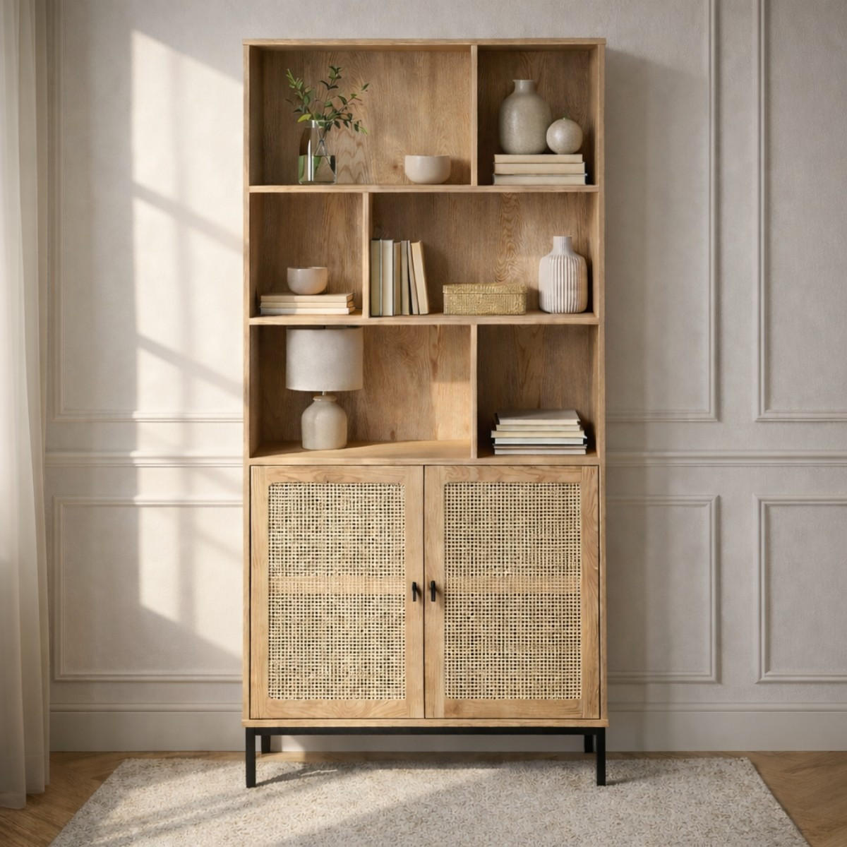 BÜCHERREGAL mit Aufbewahrung 2 Türen aus natürlichem Rattan H175cm - JAYA - Eschefarben, Holzwerkstoff (35/175/45cm) - Calicosy