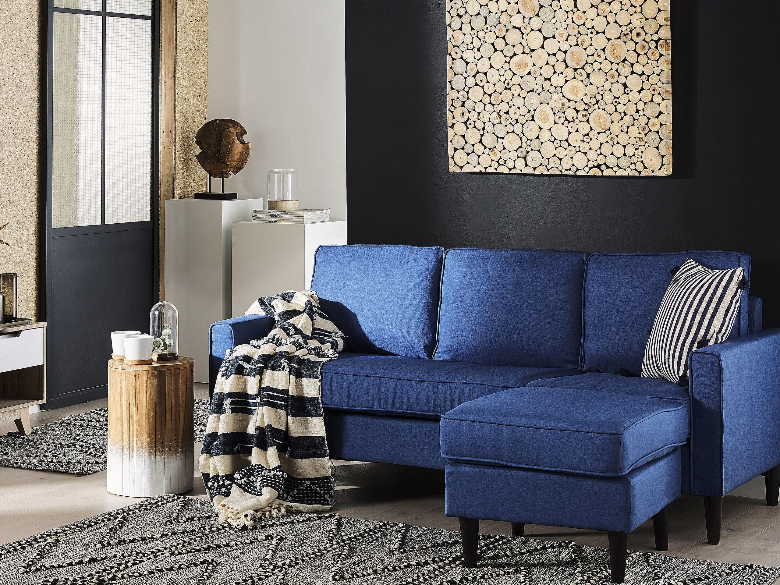 3-SITZER-SOFA mit Ottomane Polsterbezug Blau Avesta - Dunkelblau, Textil (186/85/131cm) - Beliani