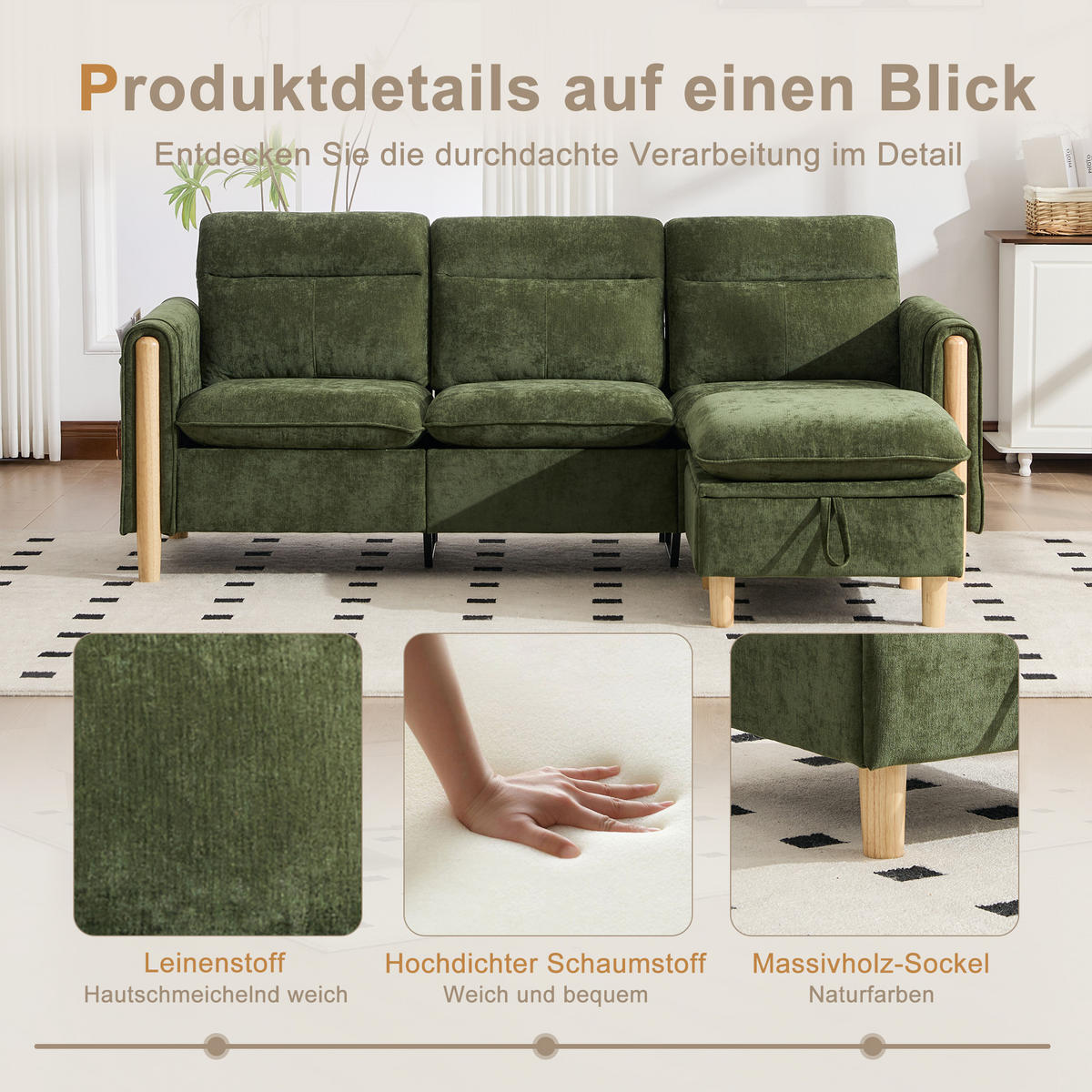 ECKSOFA DE-33940 mit Stauraumhocker und Seitentaschen Grün - Grün, Holz (77/201cm) - ComfortXL