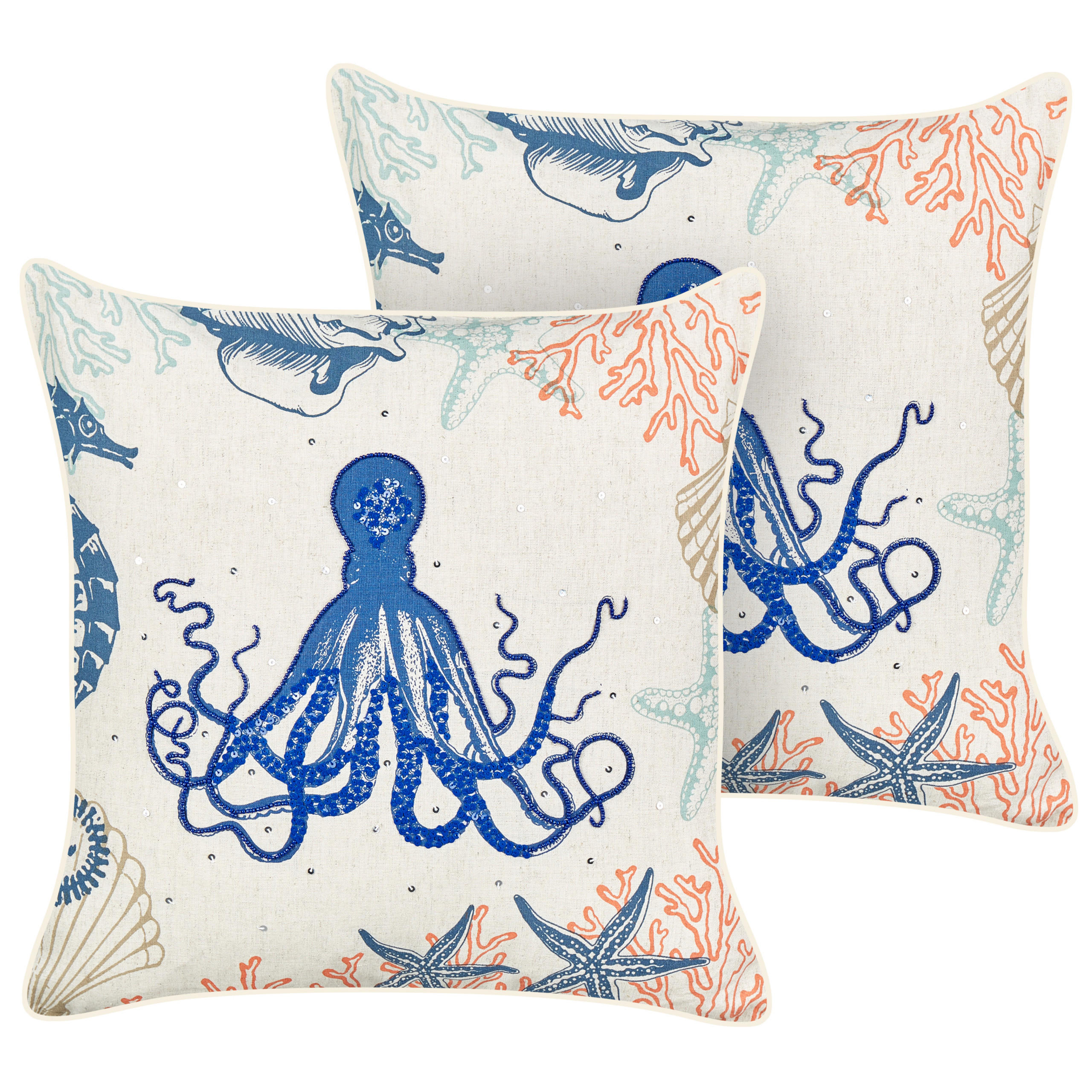 DEKOKISSEN 2er-Set Beige 45/45 cm Acropora - Blau/Beige, Textil (45/45cm) - Beliani