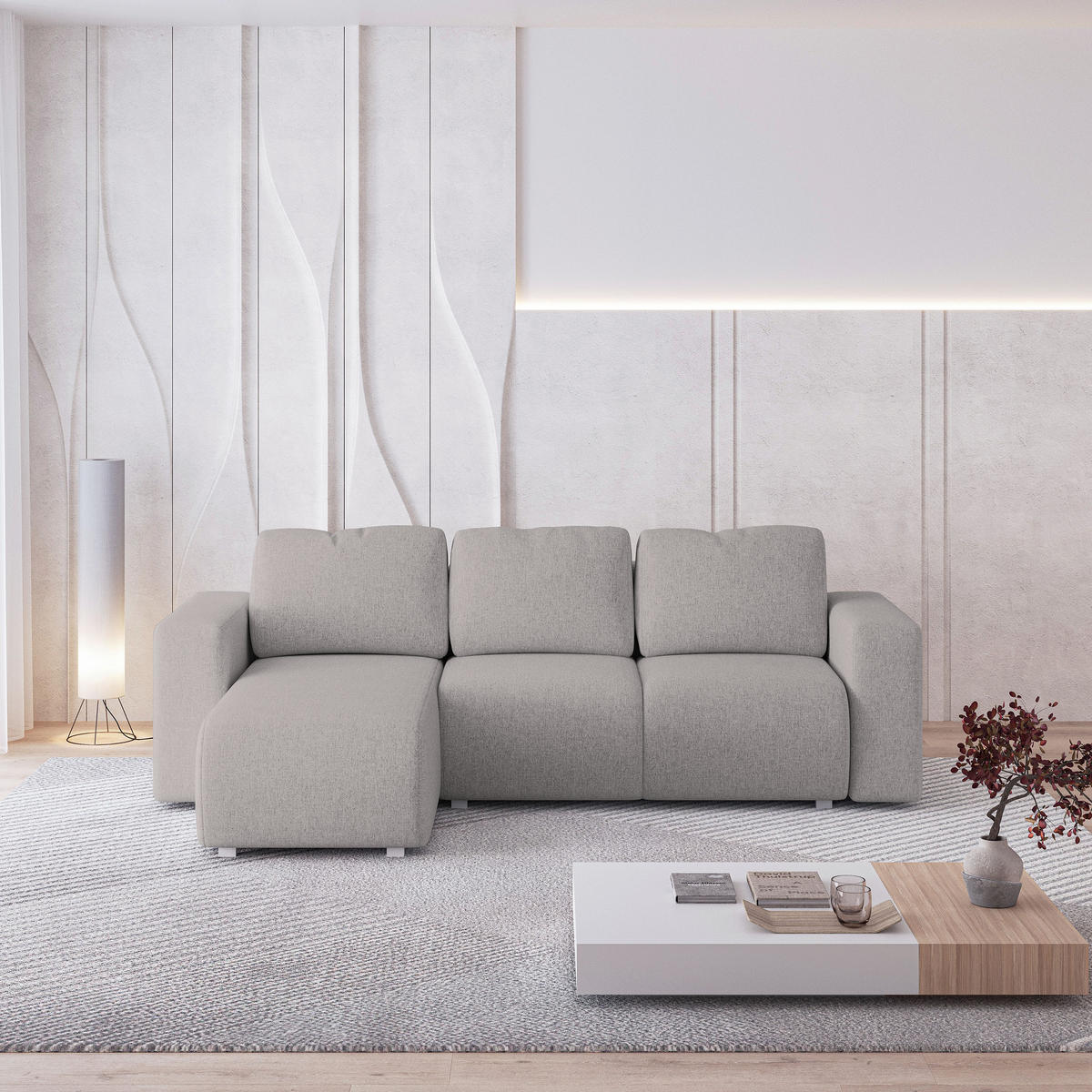 ECKSOFA RINOVA Hellgrau Geflochtener Stoff mit Schlaffunktion - Hellgrau, Holz (250/143cm) - MASSENO