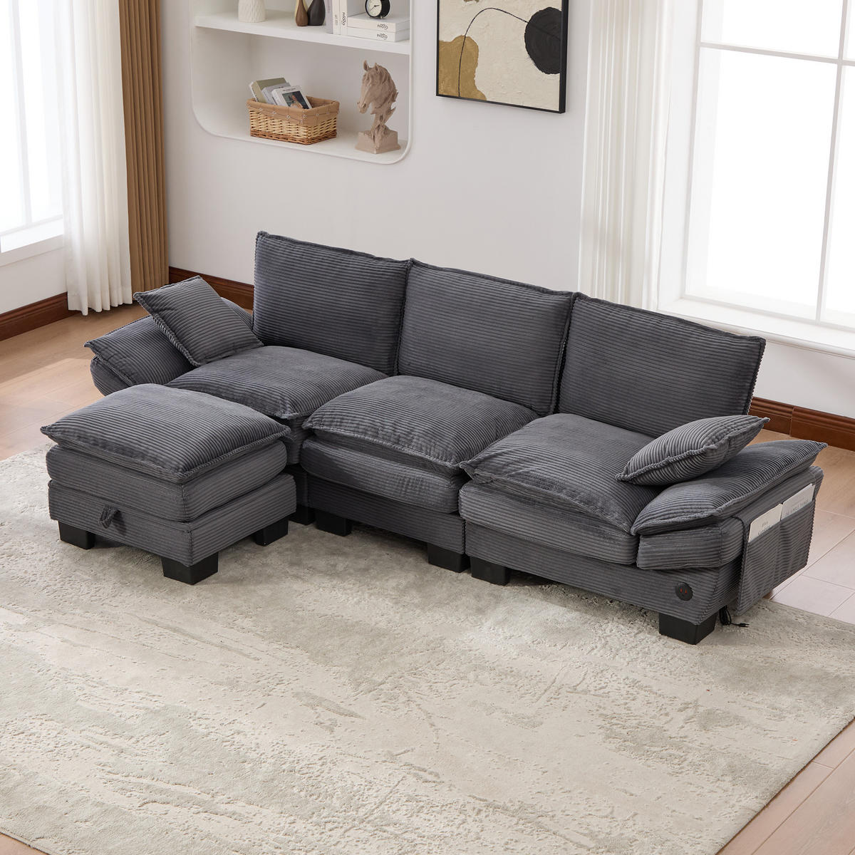3-SITZER Sofa aus Cord 260x132x84 cm mit USB-C & Hocker, dunkelgrau - Dunkelgrau, Textil (132/84/260cm)