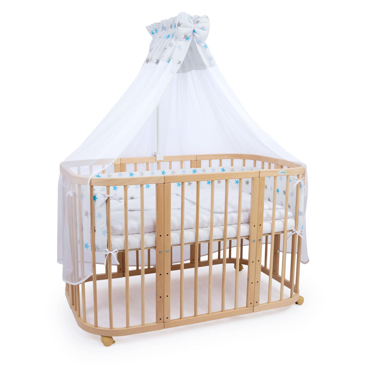 BABYBETT NATUR, 7in1 mit Matratze - Naturfarben/Hellblau, Holz (73/123cm) - waldin